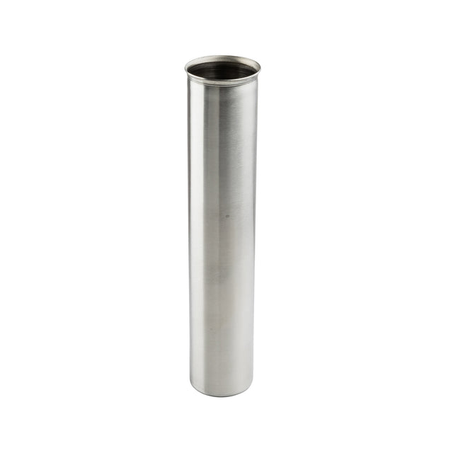 A tall, cylindrical, stainless steel beverage dispenser tube with an open top. Its smooth, polished surface reflects light as it stands upright on a plain white background, with no markings or additional features visible.