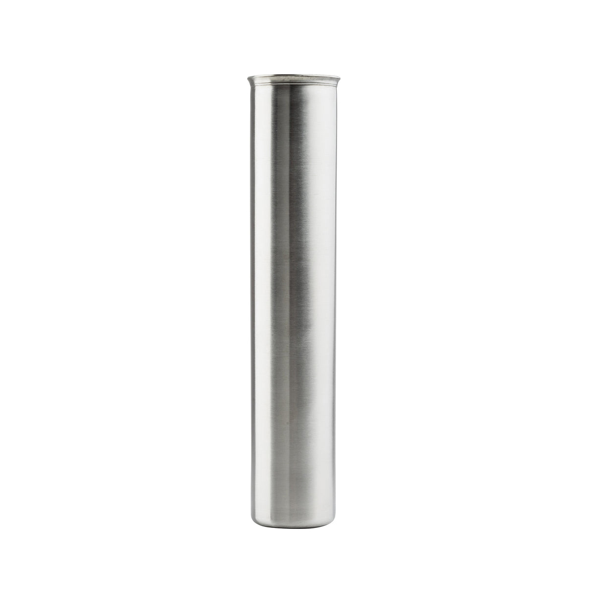 A tall, cylindrical stainless steel container with a smooth, shiny silver surface and a flat, slightly raised lid. This beverage dispenser stands upright against a plain white background.