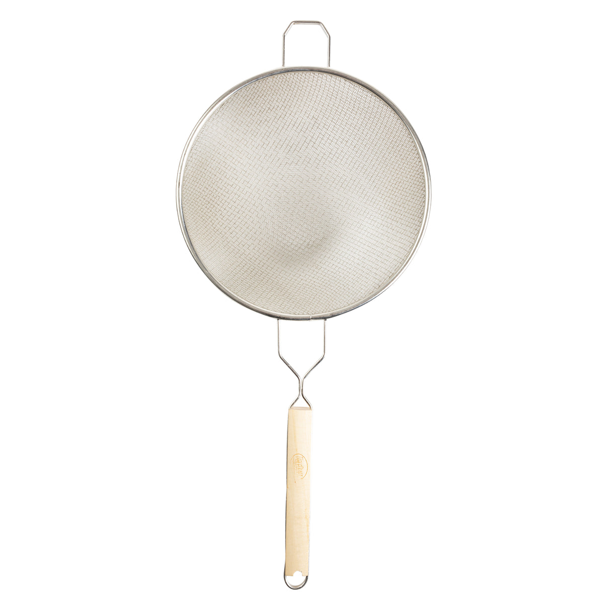 A tinned metal mesh strainer with a double fine mesh wire screen, round frame, and a long wooden handle with a metal hanging loop. A small metal loop opposite the handle adds stability when placed over a pot or bowl.