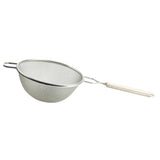 A double fine mesh strainer with a tinned wire basket, two side support hooks, and a long handle featuring a light-colored grip, shown on a white background.