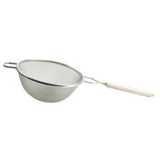 A double fine mesh strainer with a tinned wire basket, two side support hooks, and a long handle featuring a light-colored grip, shown on a white background.