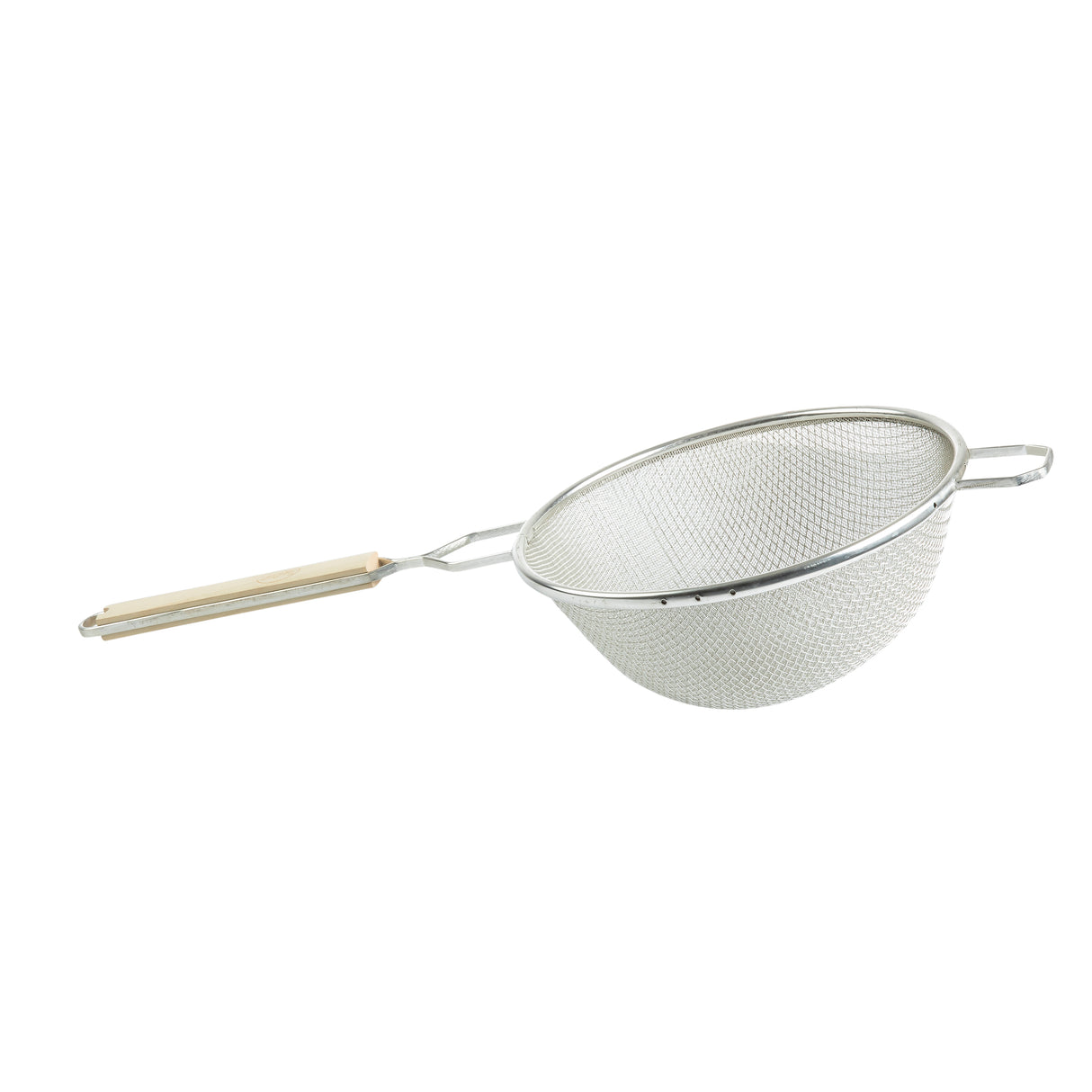 A tinned metal mesh strainer with double fine mesh netting, a round bowl shape, a long handle with a light wooden grip, and a small metal support handle on the opposite side, isolated on a white background.