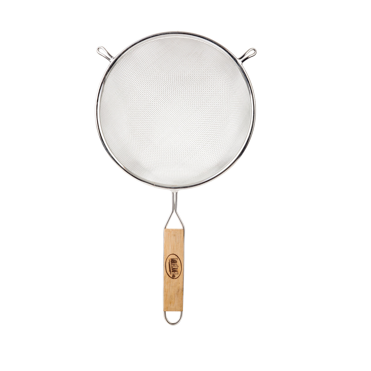 A metal strainer with a round, medium mesh frame and two small support hooks. It features a long wooden handle with metal edges, a hanging loop, and a logo. The background is plain white.