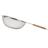 A medium mesh strainer with a round, deep basket and fine wire mesh. It features a long metal handle with two brown wooden grips and a small hook on the rim for resting on bowls or pots. The background is plain white.