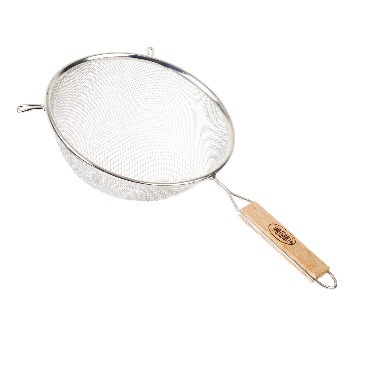 A medium mesh strainer with a round bowl, two small supporting hooks, and a wooden handle featuring a logo, photographed on a white background.