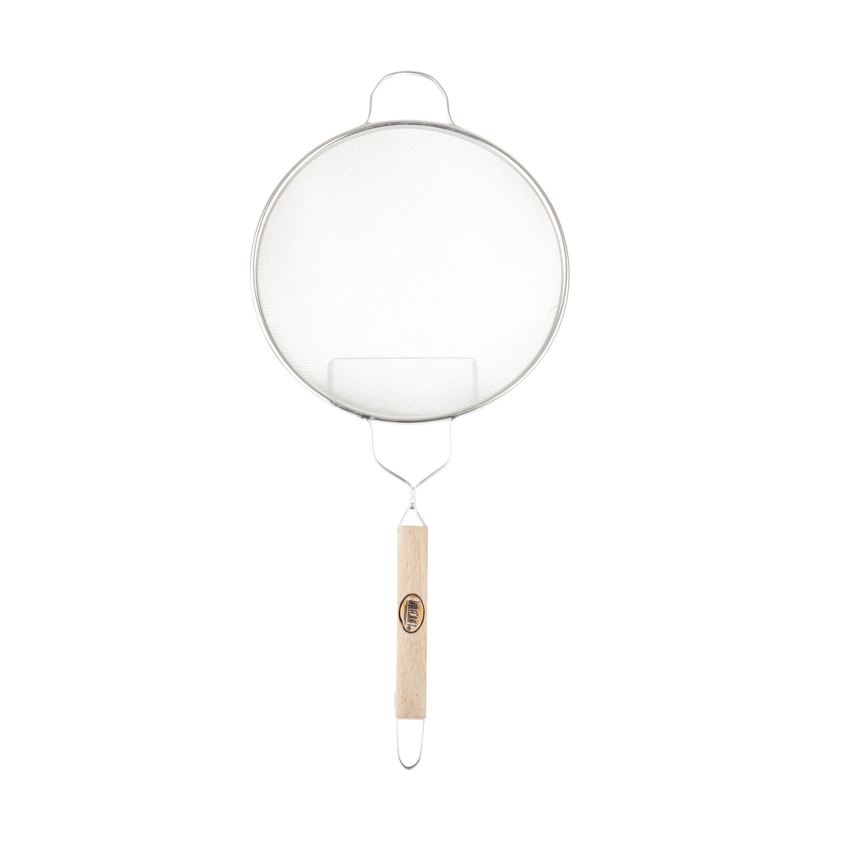 A metal mesh strainer with a round, medium mesh sieve and a sturdy wooden handle. The handle features a metal loop at the end for hanging. The strainer’s silver frame stands out against the plain white background.