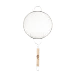 A metal mesh strainer with a round, medium mesh sieve and a sturdy wooden handle. The handle features a metal loop at the end for hanging. The strainer’s silver frame stands out against the plain white background.