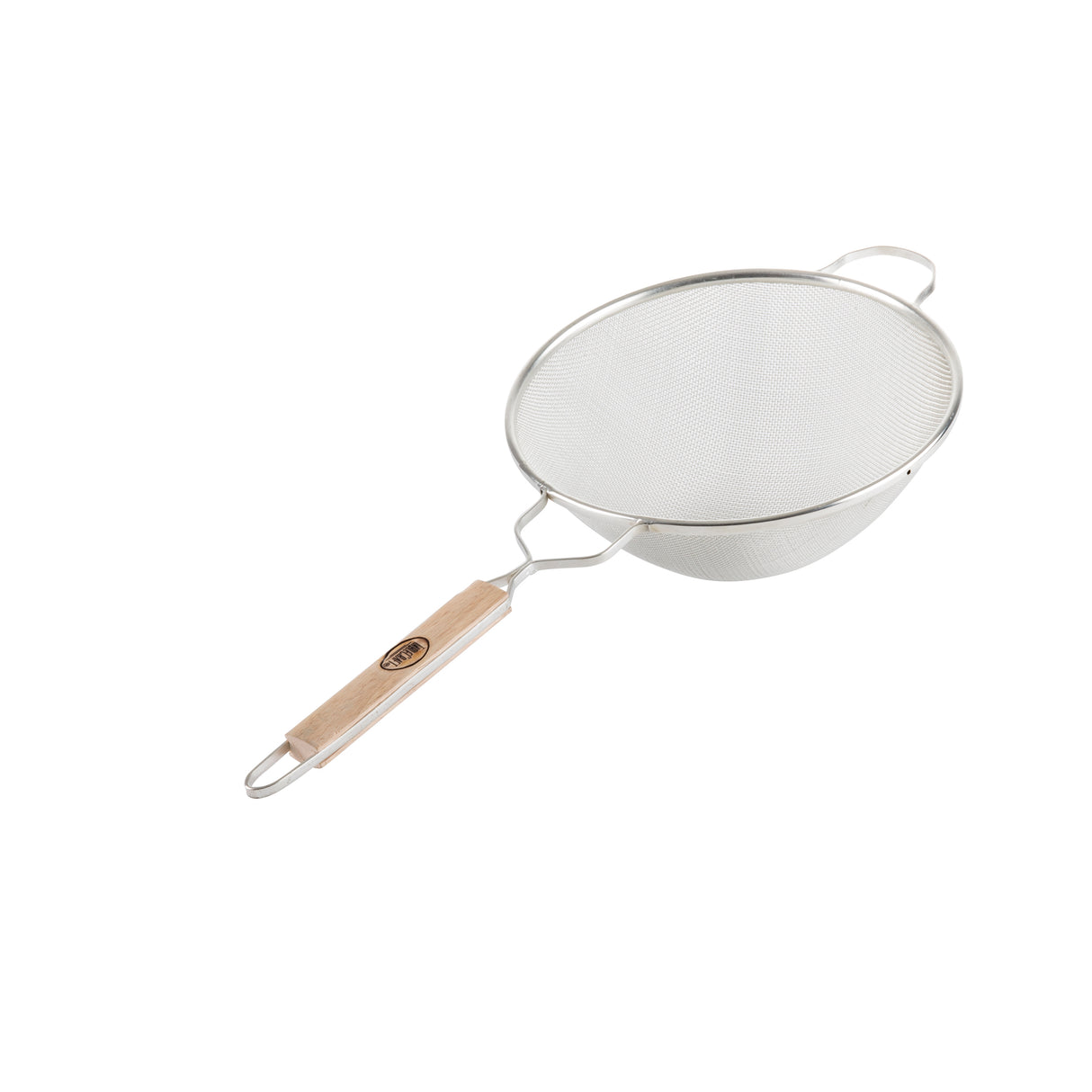 A fine-mesh strainer with a medium mesh round sieve, two metal handles, and a long wooden handle grip, shown on a white background. Perfect for sifting or draining food.