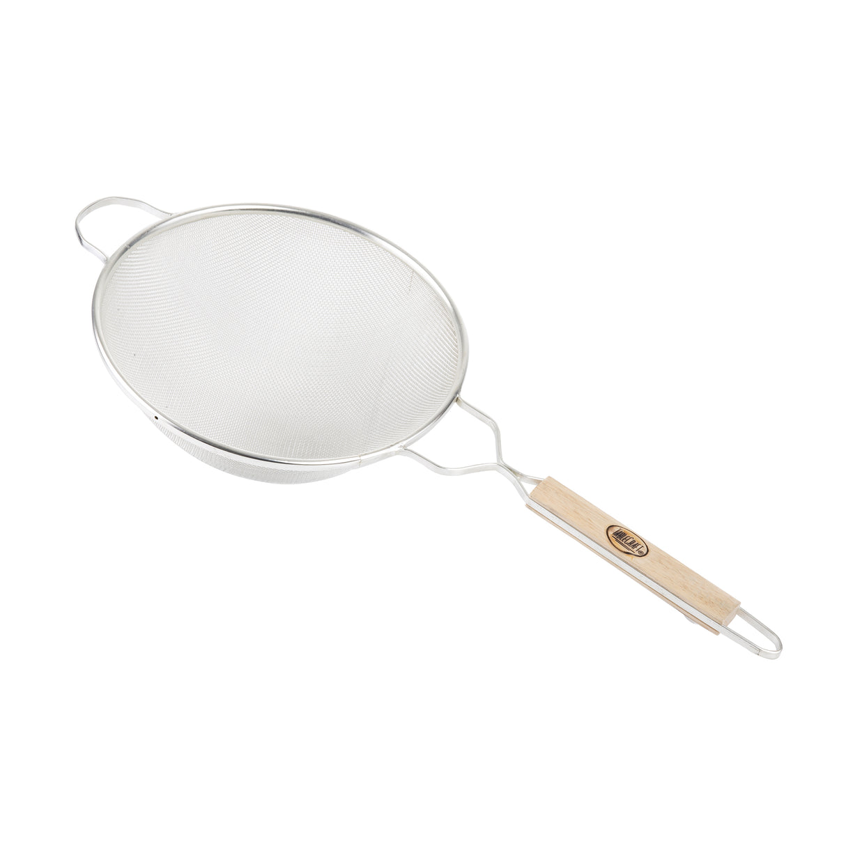 A medium mesh strainer with a round fine wire bowl, a wide rim, and a sturdy wooden handle. The handle includes a metal end loop for hanging, and there's an additional small metal handle opposite for extra support.
