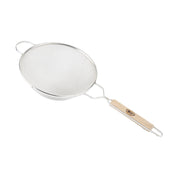 A medium mesh strainer with a round fine wire bowl, a wide rim, and a sturdy wooden handle. The handle includes a metal end loop for hanging, and there's an additional small metal handle opposite for extra support.