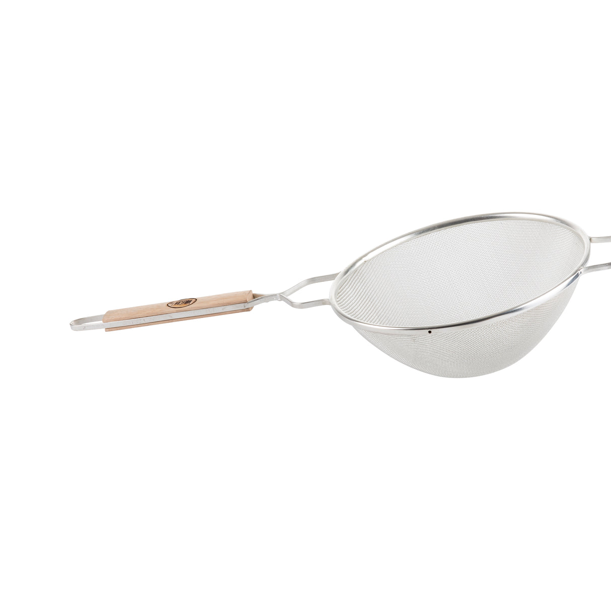 A fine medium mesh strainer with a round bowl, wooden handle, and a steel support arm extending opposite the handle, set against a white background. Ideal for sifting or draining ingredients in the kitchen.