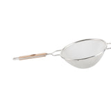 A fine medium mesh strainer with a round bowl, wooden handle, and a steel support arm extending opposite the handle, set against a white background. Ideal for sifting or draining ingredients in the kitchen.
