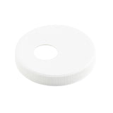 A white, round 89mm plastic lid with a centered circular hole, designed as a condiment pump cap. It features a ribbed edge for grip and a smooth top surface. The plain white background highlights the lid, which is also dishwasher safe.