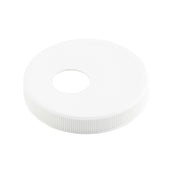 A white, round 89mm plastic lid with a centered circular hole, designed as a condiment pump cap. It features a ribbed edge for grip and a smooth top surface. The plain white background highlights the lid, which is also dishwasher safe.