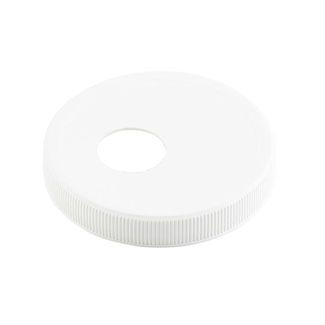 A white, round 89mm plastic lid with a centered circular hole, designed as a condiment pump cap. It features a ribbed edge for grip and a smooth top surface. The plain white background highlights the lid, which is also dishwasher safe.