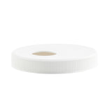 A white, round 89mm plastic lid with a textured grip and a central hole, designed as a condiment pump cap. The lid is viewed from the side at a slight angle against a plain white background, featuring a simple, utilitarian style and is dishwasher safe.