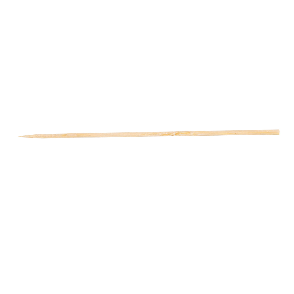 A single bamboo skewer lies horizontally on a white background. It is slender, light beige, and tapers to a point at one end while the other is slightly blunted. The surface is smooth with subtle wood grain visible.