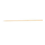 A single bamboo skewer lies horizontally on a white background. It is slender, light beige, and tapers to a point at one end while the other is slightly blunted. The surface is smooth with subtle wood grain visible.