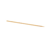 A single 6 inch skewer lies diagonally on a white background. The thin, light brown skewer is tapered to a sharp point at one end and blunt at the other, with visible wood grain and slight imperfections along its length.