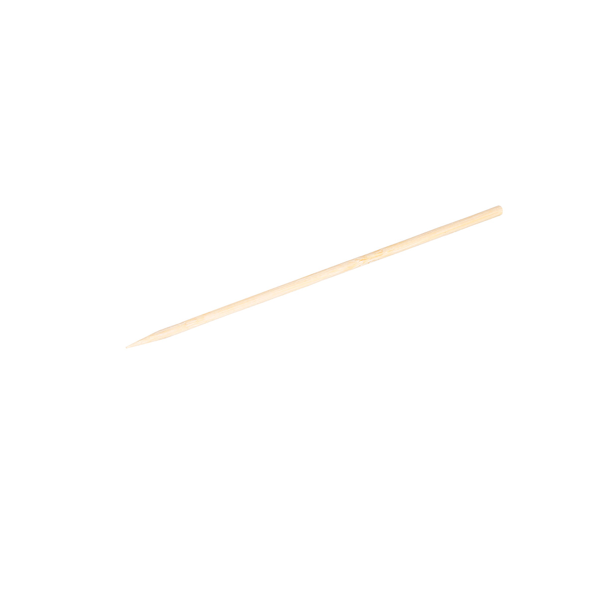 A single bamboo skewer lies diagonally on a white background. One end is pointed, while the other is flat. This slender, smooth, light beige stick resembles TableCraft skewers and measures about 6 inches in length.