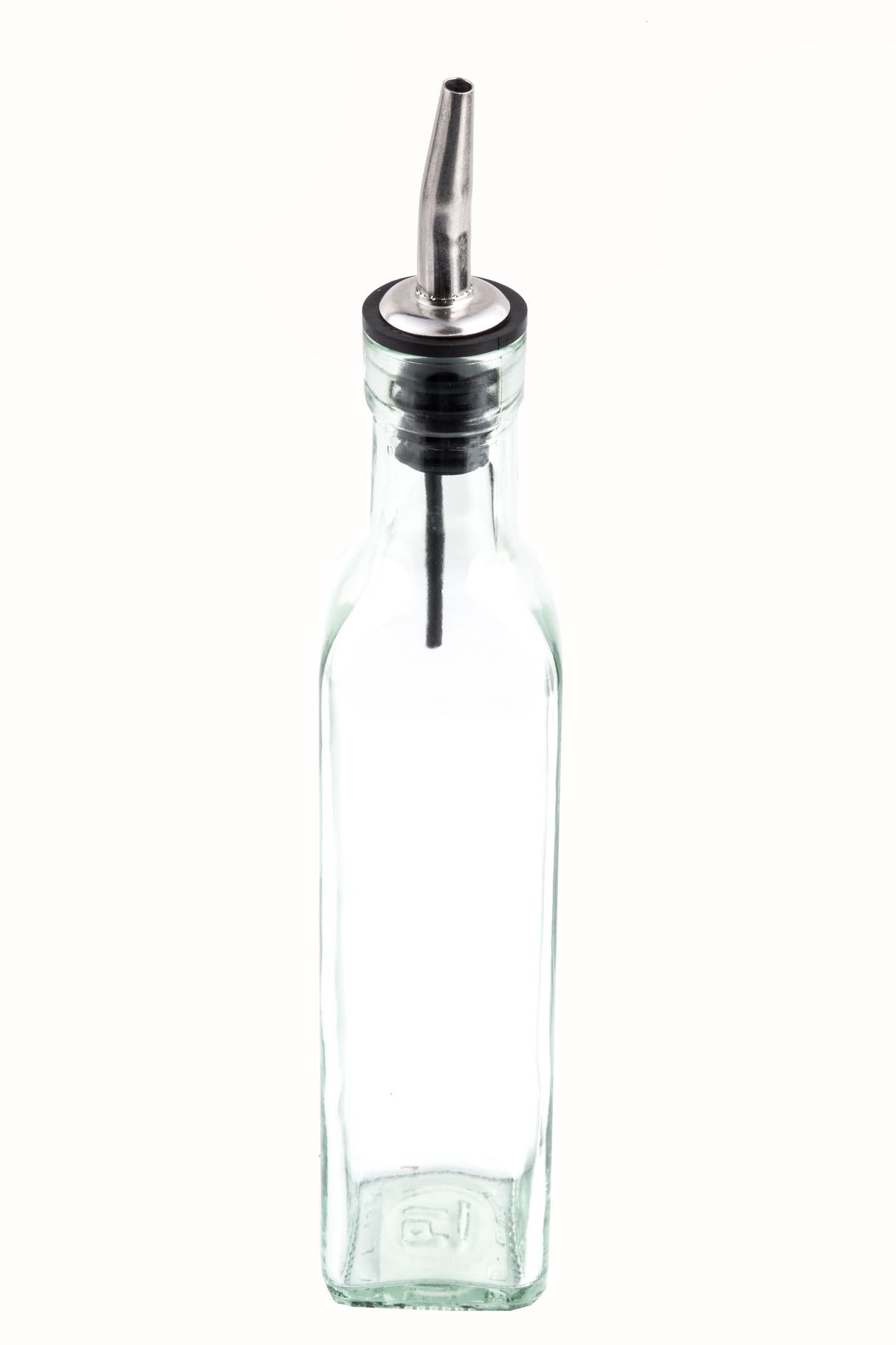 A clear, empty olive oil bottle with a square base and a stainless steel pourer attached at the top, commonly used for dispensing oil or vinegar. The plain white background highlights the bottle’s simple, clean design.