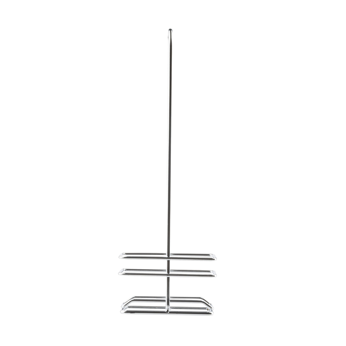 A tall, freestanding TableCraft metal toilet paper holder with a vertical pole and two horizontal tiers at the base for holding multiple rolls. This rack only features a minimalist, chrome plated finish and open design, standing upright against a plain white background.