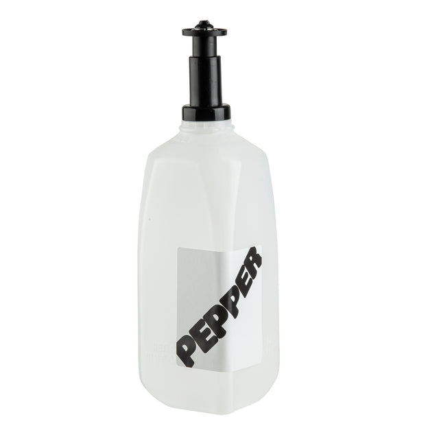A white plastic pump dispenser bottle labeled PEPPER in bold black letters at an angle, against a plain white background. The clean, empty bottle with a black pump top is dishwasher safe for easy cleaning.