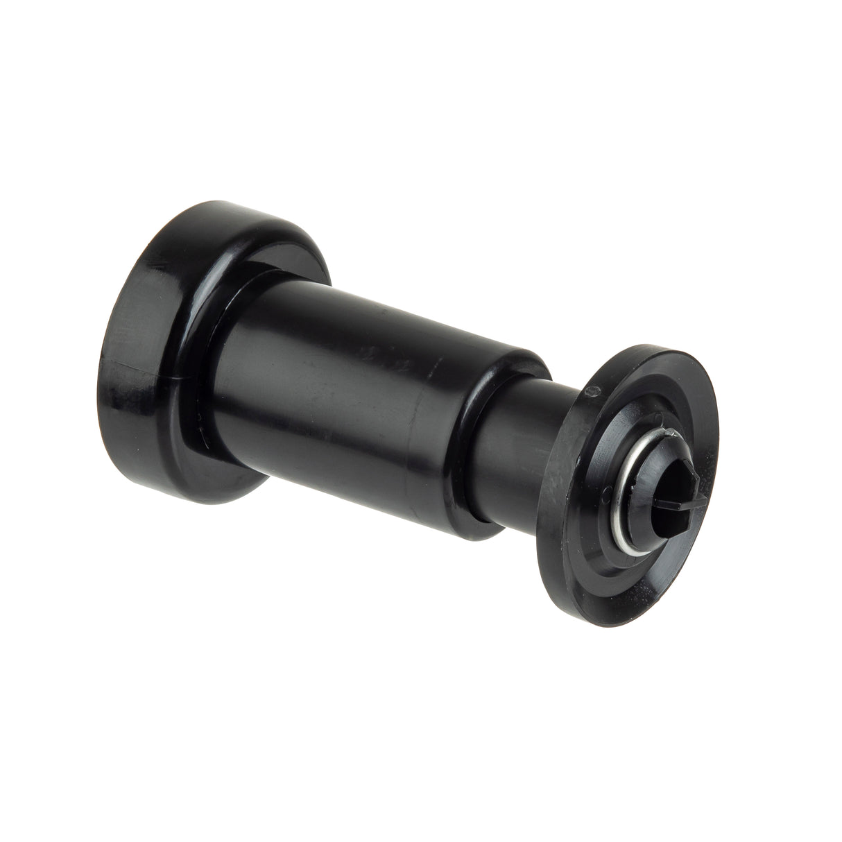 A black, cylindrical mechanical part with flanges on both ends. One end has a wider, flat rim; the other features a tapered, grooved section with a central opening. Made in USA, this part may be metal or hard plastic.