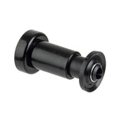 A black, cylindrical mechanical part with flanges on both ends. One end has a wider, flat rim; the other features a tapered, grooved section with a central opening. Made in USA, this part may be metal or hard plastic.
