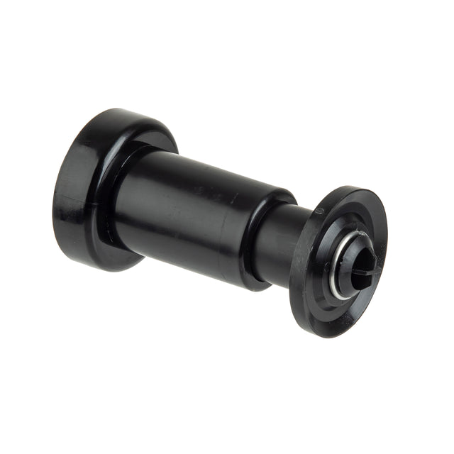 A black, cylindrical mechanical part with flanges on both ends. One end has a wider, flat rim; the other features a tapered, grooved section with a central opening. Made in USA, this part may be metal or hard plastic.