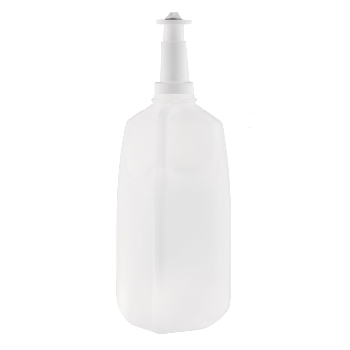 A tall, translucent plastic bottle with a pump dispenser on top, commonly used for dispensing liquids like soap, sanitizer, or lotion. Dishwasher safe, it features a rectangular shape with rounded edges and a wide base that tapers toward the pump.