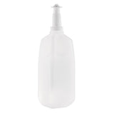 A tall, translucent plastic bottle with a pump dispenser on top, commonly used for dispensing liquids like soap, sanitizer, or lotion. Dishwasher safe, it features a rectangular shape with rounded edges and a wide base that tapers toward the pump.