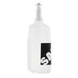 A white plastic sauce dispenser bottle with a pump top, featuring a black label with bold white partial letters "SA." The pump is extended, and the bottle is shown against a plain white background. Dishwasher safe and made in USA.