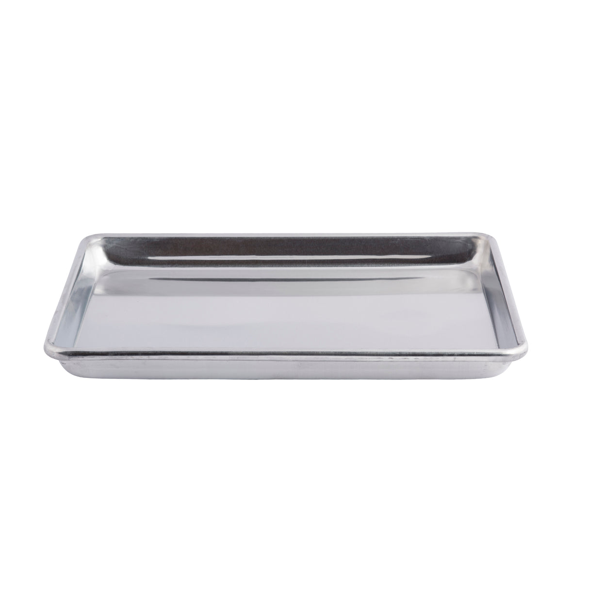 A rectangular, shallow 1/4 size sheet pan with slightly raised edges, photographed on a white background. The tray has a shiny, reflective surface and appears to be made of aluminum or stainless steel.