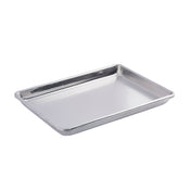A rectangular, silver-colored aluminum sheet pan with slightly raised edges is shown on a white background. This 1/4 size pan has a smooth surface and is empty, commonly used for baking or roasting in the kitchen.