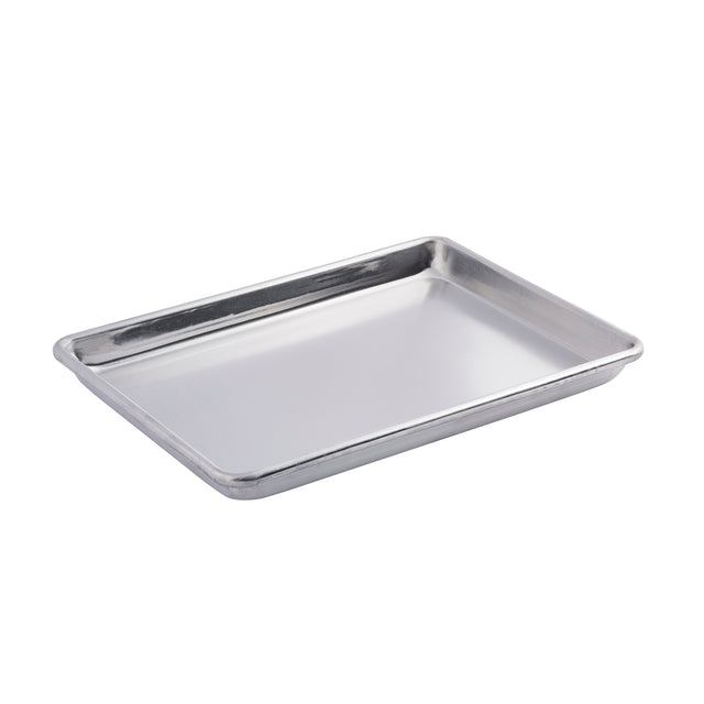 A rectangular, silver-colored aluminum sheet pan with slightly raised edges is shown on a white background. This 1/4 size pan has a smooth surface and is empty, commonly used for baking or roasting in the kitchen.