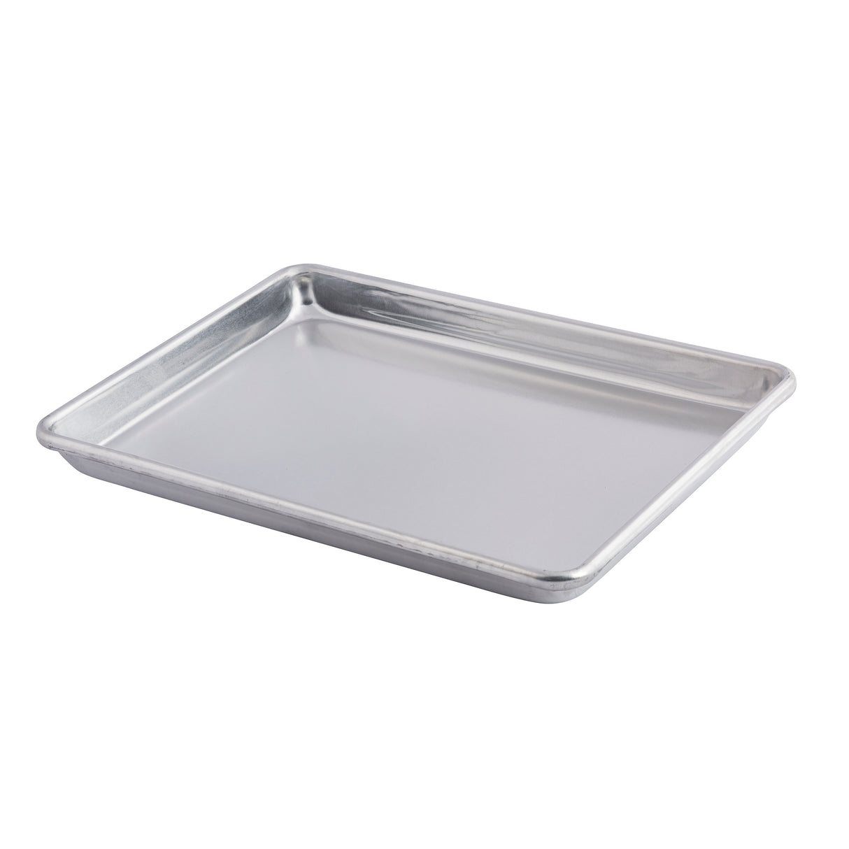 A rectangular, silver aluminum 1/4 size sheet pan with raised edges on all four sides, shown on a white background. The surface is smooth and reflective, and the pan features rounded corners.