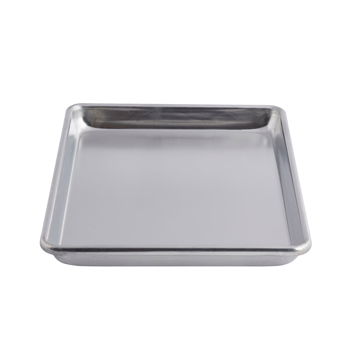 A rectangular, shallow 1/4 size sheet pan with raised edges is shown from a slight angle against a plain white background. The tray has a smooth, reflective surface and rounded corners, appearing clean and empty.