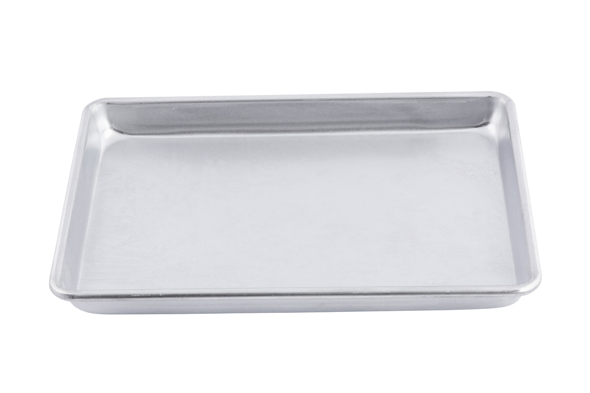 A 1/4 size aluminized steel Sheet Pan with slightly raised edges is shown on a plain white background. The rectangular, silver metal baking tray appears clean, empty, and has a smooth, shiny surface.