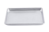 A 1/4 size aluminized steel Sheet Pan with slightly raised edges is shown on a plain white background. The rectangular, silver metal baking tray appears clean, empty, and has a smooth, shiny surface.