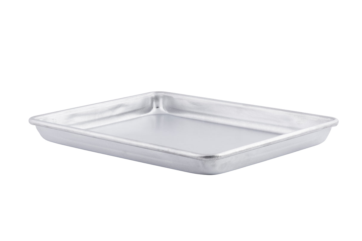 A plain, rectangular 1/4 size Sheet Pan made of silver-colored aluminized steel with slightly raised edges, photographed against a white background. The pan features smooth surfaces and rounded corners for a simple, functional appearance.