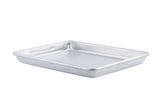 A plain, rectangular 1/4 size Sheet Pan made of silver-colored aluminized steel with slightly raised edges, photographed against a white background. The pan features smooth surfaces and rounded corners for a simple, functional appearance.