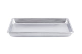 A rectangular, silver-colored aluminized steel Sheet Pan with low, straight sides is shown against a white background. The 1/4 size tray features a smooth, reflective surface and is empty, viewed from a slight angle above and in front.