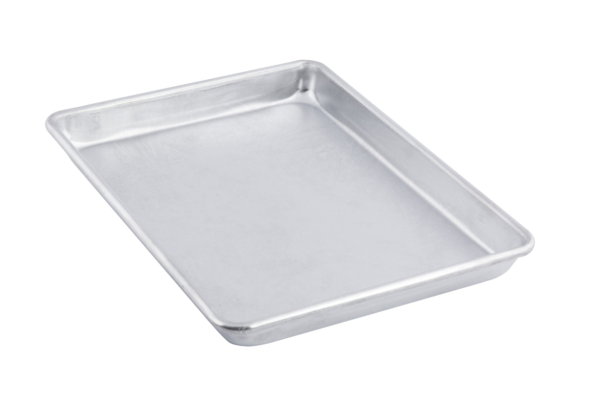 A rectangular, silver-colored aluminized steel sheet pan with slightly rounded corners and shallow sides is shown on a white background. This 1/4 size pan appears clean and unused, perfect for baking or roasting small batches.