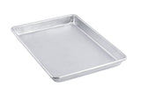 A rectangular, silver-colored aluminized steel sheet pan with slightly rounded corners and shallow sides is shown on a white background. This 1/4 size pan appears clean and unused, perfect for baking or roasting small batches.