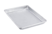 A rectangular, silver-colored aluminized steel sheet pan with slightly rounded corners and shallow sides is shown on a white background. This 1/4 size pan appears clean and unused, perfect for baking or roasting small batches.