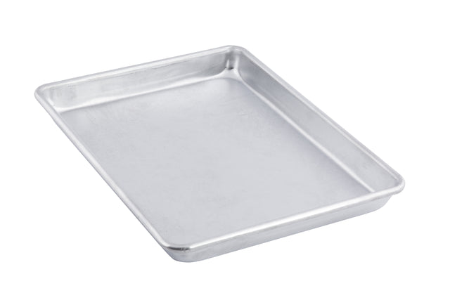 A rectangular, silver-colored aluminized steel sheet pan with slightly rounded corners and shallow sides is shown on a white background. This 1/4 size pan appears clean and unused, perfect for baking or roasting small batches.