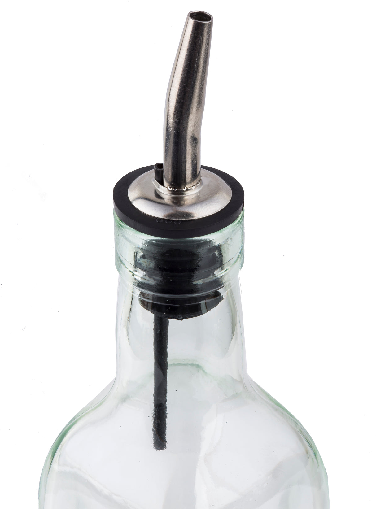 A close-up of a Prima Bottle made from green tinted glass, featuring a stainless steel pourer with a black rubber seal. The angled spout and tube are visible, focusing on the bottle’s neck against a white background.