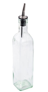 The Prima Bottle features green tinted glass with a square base and rounded edges, topped with a stainless steel pourer and black rubber stopper, perfect for pouring oil or vinegar. The background is plain white.