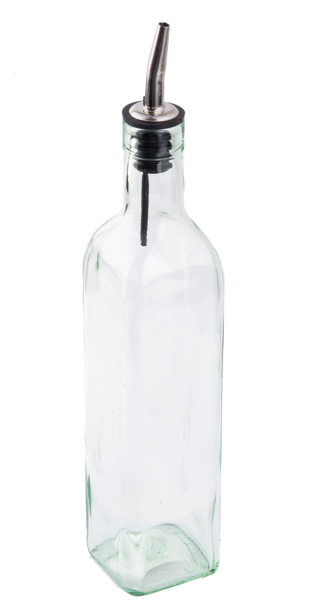 The Prima Bottle features green tinted glass with a square base and rounded edges, topped with a stainless steel pourer and black rubber stopper, perfect for pouring oil or vinegar. The background is plain white.